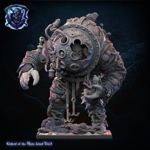 May include: A grey 3D printed miniature of a monstrous creature with a large, round, metal shell and a smaller, humanoid figure attached to its leg. The creature has a grotesque face with sharp teeth and a menacing expression. The miniature is set on a grey base.
