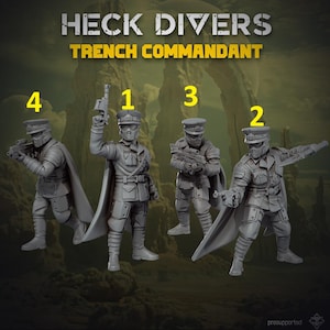 Pode incluir: Quatro figuras de soldados em miniatura cinzentas rotuladas como Heck Divers Trench Commandant. Cada figura veste um uniforme militar com quepe, capa e máscara facial. Estão em várias posições de combate, numeradas de 1 a 4.