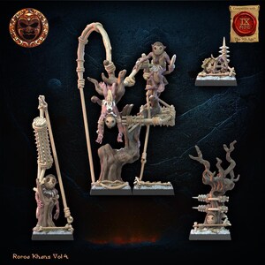 May include: Miniature figurines of the Roroa Khans Vol 4, featuring monkey-like creatures in various poses. The figures are mounted on bases and include detailed tree and rope structures. The color palette is primarily brown and beige, with a dark blue background.