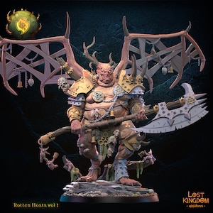 May include: A detailed miniature of a grotesque, winged demon with horns, a large axe, and a variety of trinkets and bones hanging from its body. The demon is painted in shades of pink, brown, and gold. The miniature is part of the "Rotten Hosts vol 1" collection from Lost Kingdom Miniatures.