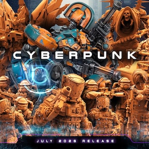 May include: A digital illustration featuring orange-toned sci-fi figures, including a central mech with a teal accent, soldiers, and a skeletal figure. The text CYBERPUNK appears in white, with JULY 2026 RELEASE printed at the bottom in a dark frame.
