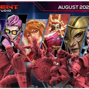 May include: A promotional graphic for Trident Studio featuring the text AUGUST 2026 RELEASE. The image displays a collage of various character portraits above a collection of unpainted, monochromatic red miniature figurines in dynamic action poses.