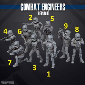 Puede incluir: Un grupo de figuras grises de Combat Engineers Republic en varias poses de acción. Cada figura lleva casco y armadura, y algunas sostienen armas. El texto "COMBAT ENGINEERS" y "REPUBLIC" está en la parte superior.