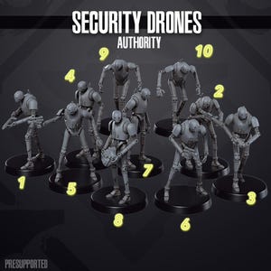 Op de afbeelding: Een verzameling van tien grijze beveiligingsdrone-beeldjes, elk op een zwarte cirkelvormige basis. De beeldjes zijn genummerd en voorzien van het opschrift "Security Drones Authority". Het woord "Presupported" staat onderaan.