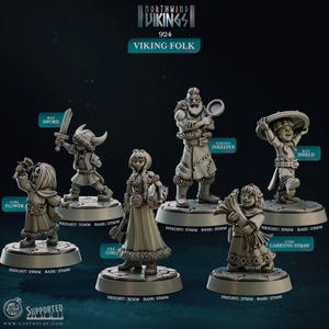 Puede incluir: Un conjunto de seis figuras en miniatura que representan personajes vikingos. Las figuras están pintadas en color gris claro y están en varias poses. Las figuras están de pie sobre bases redondas. Las figuras están etiquetadas con sus nombres y descripciones. El texto de la imagen dice "Northwind Vikings 924 Viking Folk".