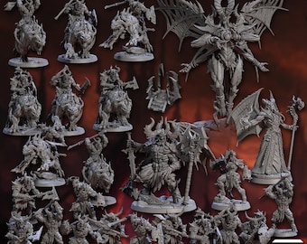 Puede incluir: Una colección de figuras en miniatura detalladas, incluyendo demonios, guerreros y criaturas, con diseños intrincados y armamento. Las figuras están en varias poses, algunas montando bestias, otras empuñando espadas y hachas. El texto "THE INFERNAL LEGION" está en la parte superior.