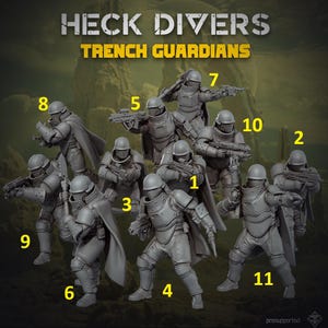 May include: A collection of eleven grey miniature soldier figurines labelled Heck Divers Trench Guardians. Each figure wears a helmet, chest armour, and a cape, and holds a futuristic rifle. The figures are numbered one through eleven in yellow.