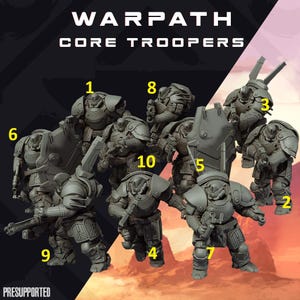 Può includere: Una collezione di dieci statuette di soldati in miniatura grigie etichettate Warpath Core Troopers. Ogni figura indossa un'armatura pesante con pose distinte, alcune tengono armi o scudi, numerate da uno a dieci.