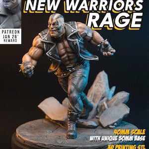 Puede incluir: Figura detallada de un personaje musculoso con chaqueta y pantalones de cuero, con el texto "NEW WARRIORS RAGE". La figura está sobre una base de 40 mm con una base única de 50 mm. También incluye el texto "3D PRINTING STL + (PRESUPPORTED)".