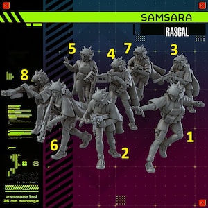 Puede incluir: Un grupo de ocho figuras en miniatura grises en varias poses de acción, cada una con un arma. Las figuras visten equipo táctico y cascos. Las palabras "SAMSARA" y "RASCAL" están en la parte superior. Las figuras están numeradas del 1 al 8.