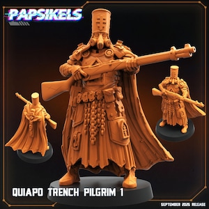 Könnte beinhalten: Eine detaillierte, orangebraune Quiapo Trench Pilgrim 1 Miniaturfigur, die ein Gewehr hält. Die Figur trägt einen Helm, eine Maske und eine Rüstung mit einem fließenden Umhang. Der Text "Papsikels" und "Quiapo Trench Pilgrim 1" sind sichtbar.