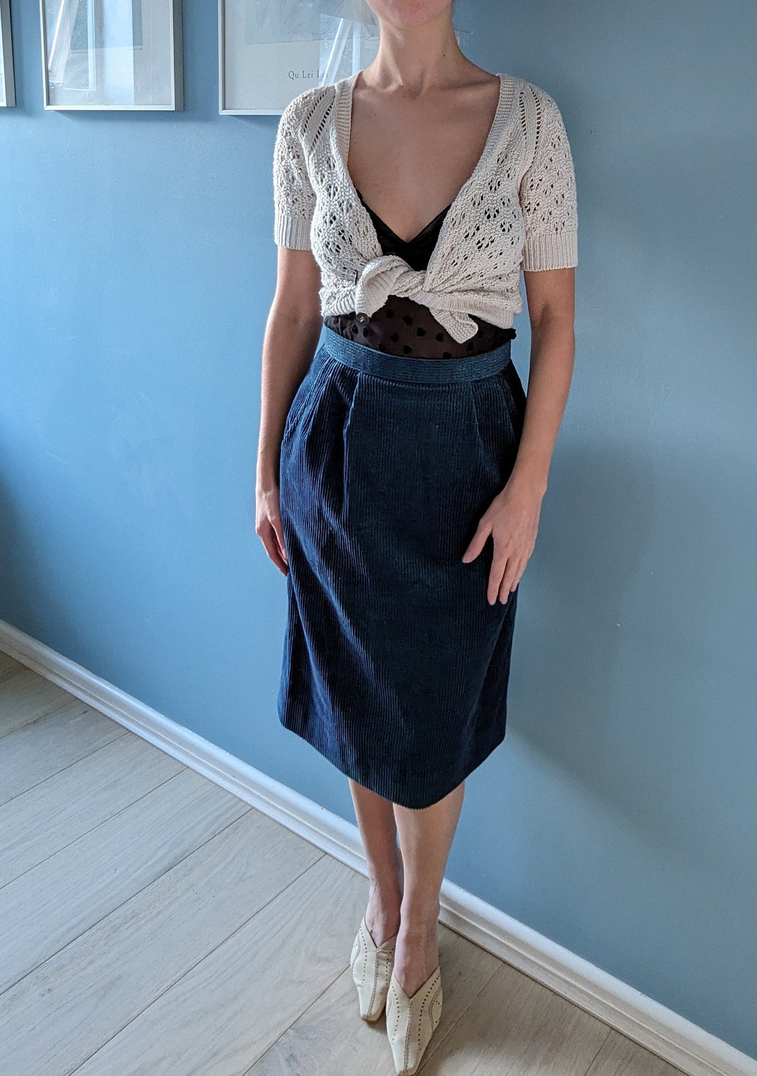 Retro Button A-line Fashion flared Corduroy Midi Skirt