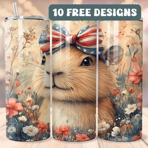 Capybara Tumbler Wrap, 20oz Skinny Sublimation Tumbler Design, 4th July Capybara Sublimation Design, American Independence Day Floral PNG