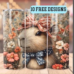 Capybara Tumbler Wrap, 20oz Skinny Sublimation Tumbler Design, 4th July Capybara Sublimation Design, American Independence Day Floral PNG