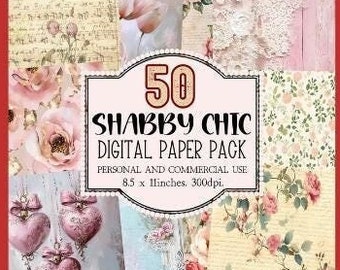Vintage digitaal papier, Shabby Chic digitaal papierpakket, collagevellen plakboek, 50 papieren, kerstcadeau, papierkunst, direct download