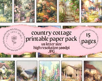 May include: A set of 15 printable paper pages with country cottage designs. The images are watercolour paintings of cottages, gardens, and floral arrangements. The paper pack is US letter size and high resolution 300dpi.