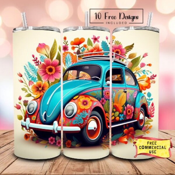 Volkswagon Car VW Floral Camper Tumbler Wrap, Hippie 1960s PNG 20oz straight skinny Instant Download Free Commercial Use 10 Free Designs