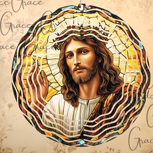 Easter Windspinner, Stained Glass, Jesus Christ Sublimation Design, Jesus Of Nazareth Spinner Template, Garden Windspinner PNG, Garden Decor
