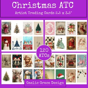 May include: A collection of 120 Christmas-themed artist trading cards (ATCs), each measuring 2.5 x 3.5 inches. The cards feature various festive illustrations, including Santa Claus, Christmas trees, and winter scenes. The text "Christmas ATC" and "Gaelic Grace Design" are visible.