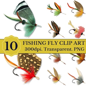 May include: Ten colorful fishing flies with feathers and hooks. The flies are isolated on a white background.  Fishing Fly Clip Art 300dpi. Transparent. PNG