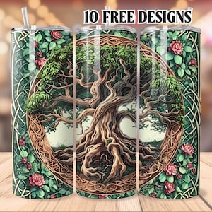 May include: A set of three stainless steel tumblers with a green, brown, and white design featuring a tree of life with intricate roots and branches. The tumblers are surrounded by a Celtic knot design and roses.