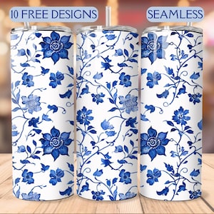 Blue Floral 20oz Straight Skinny Tumbler Wrap Seamless PNG Design, Sublimation Template, Digital Download Vintage Floral PNG, Blue Flowers