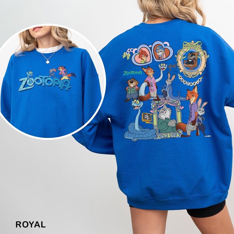Puede incluir: Sudadera azul real de Zootopia con el logotipo de Zootopia y gr&aacute;ficos de personajes. La parte posterior presenta un gr&aacute;fico grande con m&uacute;ltiples personajes. La sudadera est&aacute; hecha de un material suave.