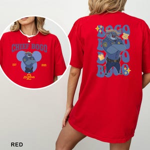 May include: Red t-shirt with a cartoon illustration of Chief Bogo from Zootopia. The front of the shirt has the text "CHIEF BOGO" and the back has a larger image of the character with the text "BOGO".