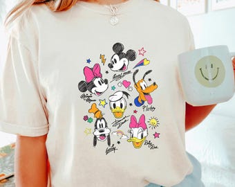 Camiseta vintage con firmas de Mickey y sus amigos, colores cómodos, camiseta con personajes de Disney, camiseta con cabeza de ratón de Disney, camiseta de viaje a Disney, 143158