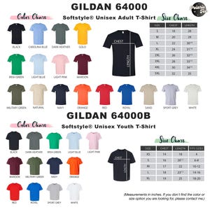 Puede incluir: Tabla de colores para la camiseta unisex Gildan 64000 Softstyle para adultos y la camiseta unisex Gildan 64000B Softstyle para ni&ntilde;os. La tabla muestra diferentes colores de camisetas y sus tama&ntilde;os correspondientes. La tabla de tallas para la camiseta de adulto muestra tallas de S a 5XL con medidas de pecho que van de 18 a 32 pulgadas y medidas de longitud que van de 28 a 35 pulgadas. La tabla de tallas para la camiseta de ni&ntilde;o muestra tallas de XS a XL con medidas de pecho que van de 14 a 19 pulgadas y medidas de longitud que van de 18 a 25 pulgadas.