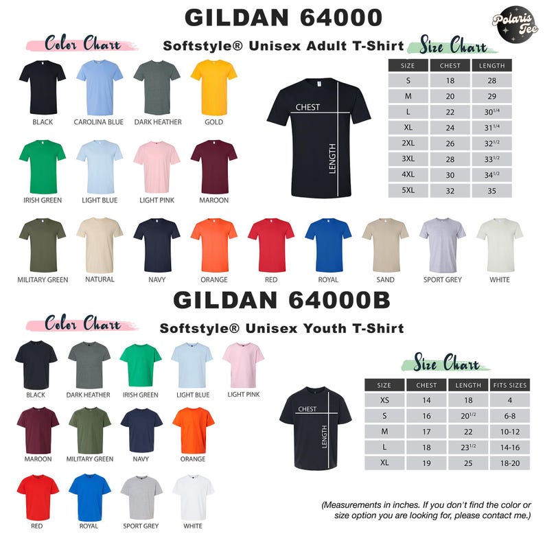 Puede incluir: Tabla de colores para la camiseta unisex Gildan 64000 Softstyle para adultos y la camiseta unisex Gildan 64000B Softstyle para ni&ntilde;os. La tabla muestra diferentes colores de camisetas y sus tama&ntilde;os correspondientes. La tabla de tallas para la camiseta de adulto muestra tallas de S a 5XL con medidas de pecho que van de 18 a 32 pulgadas y medidas de longitud que van de 28 a 35 pulgadas. La tabla de tallas para la camiseta de ni&ntilde;o muestra tallas de XS a XL con medidas de pecho que van de 14 a 19 pulgadas y medidas de longitud que van de 18 a 25 pulgadas.