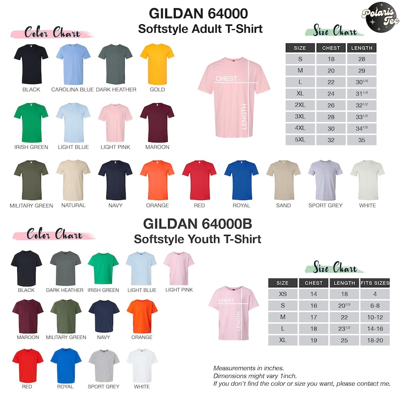 a chart of different colors and sizes of shirts