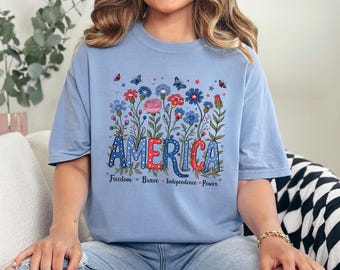 Floral American Flag Shirt, Comfort Colors, 4th Of July Women Shirt, Patriotic Independence Day Shirt, Fourth Of July USA Shirt, 145553