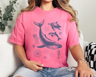 Sea Animals Shirt, Comfort Colors, Sea Shell Beach Shirt, Summer Shirt, Ocean Lover Tee, Sea Animal Tee, Beach Woman Shirt, 145868