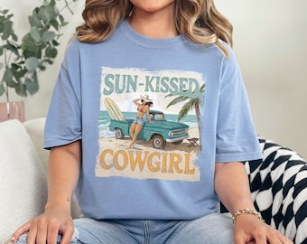 Sun Kissed Cowgirl Shirt, Comfort Colors, Beach Pickup Truck Surfing Tee, Western Coastal Vibes, Retro Beach Cowgirl Vacation Shirt, 145962