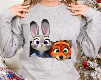 Disney Zootopia Sweatshirt, Judy Hopps Hoodie, Nick Wilde Sweatshirt,Retro Zootropolis Disney Hoodie, Zootopia Fox And Bunny Crewneck,144497