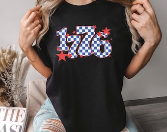 Comfort Colors 4Th Of July 1776 Checkered Shirt, Retro 4Th Of July 1776 Checkered Graphic Tee, Trendy Custom Print Top, 145854