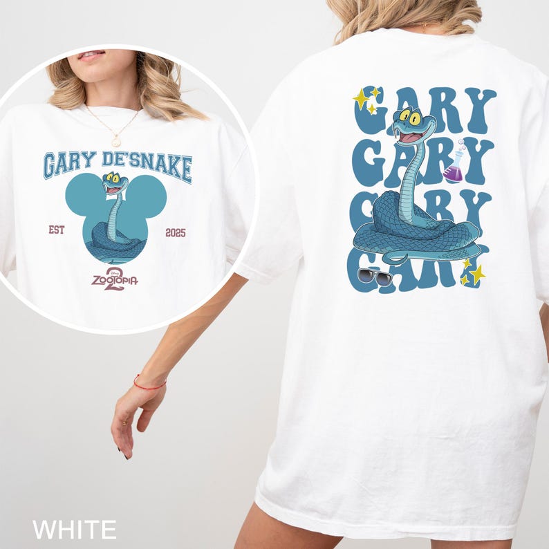 May include: White t-shirt with a blue cartoon snake design. The front displays "GARY DE'SNAKE" and "Zootopia 2". The back features a larger snake graphic with the name "GARY" repeated vertically in blue.