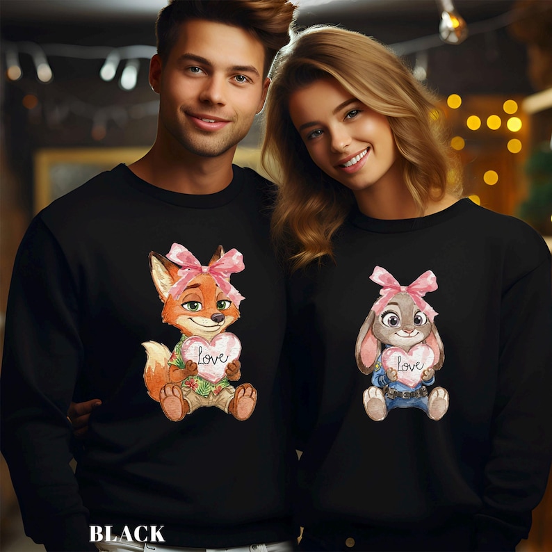 Watercolor Judy Hopps Nick Wilde Heart Sweatshirt, Valentine Zootopia Hoodie, Coquette Bow Zootopia Sweatshirt, Disney Love Crewneck, 144491 bild 1