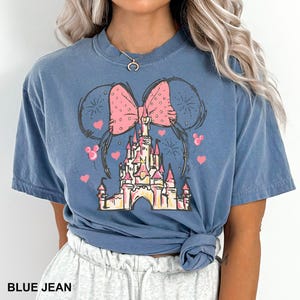 May include: A blue t-shirt with a pink bow and a cartoon image of Cinderella's castle with fireworks and balloons.