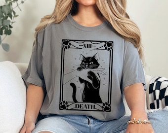 Comfort Colors Death Cat Shirt, Retro Death Cat Graphic Tee, Trendy Custom Print Top, Cute Casual Apparel, 145979