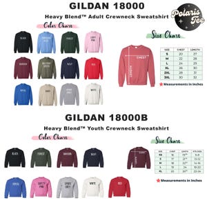 Puede incluir: Carta de colores para sudaderas Gildan 18000 y 18000B. La carta muestra diferentes colores de sudaderas de cuello redondo para adultos y j&oacute;venes. La tabla de tallas para adultos muestra las tallas S-3XL con medidas de pecho y longitud en pulgadas. La tabla de tallas para j&oacute;venes muestra las tallas XS-XL con medidas de pecho y longitud en pulgadas.