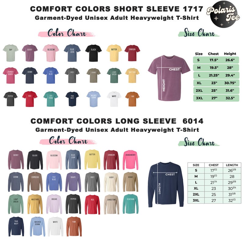 Puede incluir: Carta de colores para camisetas de manga corta y larga en una variedad de colores. La tabla muestra los diferentes tama&ntilde;os disponibles para cada longitud de manga. Los tama&ntilde;os se indican en pulgadas. La tabla tambi&eacute;n incluye el texto "Comfort Colors" y "Garment-Dyed Unisex Adult Heavyweight T-Shirt".