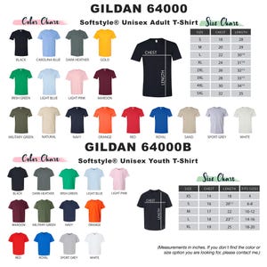 May include: Color chart of Gildan 64000 and 64000B Softstyle unisex t-shirts in various colors, including black, navy, and red. Size charts are included, with measurements in inches for chest and length. The adult sizes range from S to 5XL.