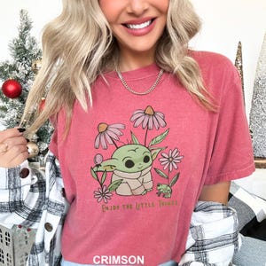 Puede incluir: Camiseta color carmes&iacute; con un gr&aacute;fico de un personaje verde rodeado de flores rosas y blancas. El texto "Enjoy the Little Things" est&aacute; impreso debajo. La palabra "CRIMSON" est&aacute; impresa en la parte inferior.