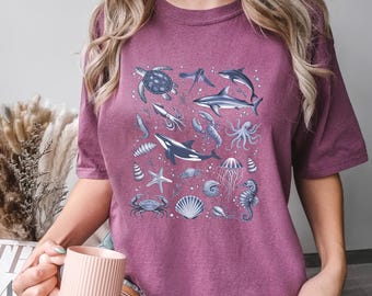 Sea Animals Shirt, Comfort Colors, Sea Shell Beach Shirt, Summer Shirt, Ocean Lover Tee, Sea Animal Tee, Beach Woman Shirt, 145869