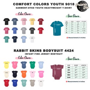 May include: Color charts for youth and infant clothing. The youth chart shows a variety of colors for a heavyweight t-shirt in sizes XXS to XL. The infant chart shows a variety of colors for a fine jersey bodysuit in sizes NB to 24M. Measurements are in inches.