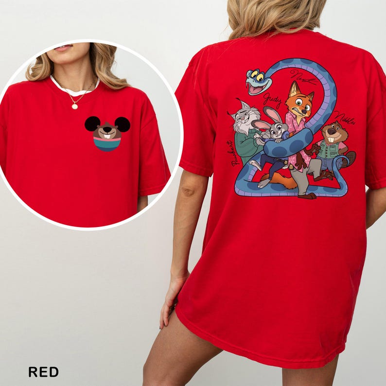 May include: Red t-shirt featuring a cartoon graphic of Mickey Mouse on the front pocket and a group of cartoon characters on the back. The text "RED" is at the bottom of the image.