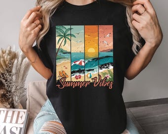 Summer Vibes Beach Shirt, Comfort Colors, Retro Sunset Shirt, Palm Tree Ocean Shirt, Vacation Summer Shirt, Coastal Beach Shirt, 145960