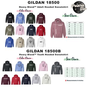 Puede incluir: Tabla de colores para sudaderas con capucha Gildan 18500 y 18500B para adultos y j&oacute;venes. La tabla muestra los diferentes colores y tallas disponibles para las sudaderas. Las tallas para adultos van de la S a la 3XL, con medidas de pecho de 20 a 30 pulgadas y longitudes de 27 a 32 pulgadas. Las tallas para j&oacute;venes van de la XS a la XL, con medidas de pecho de 16 a 20 pulgadas y longitudes de 19 a 25 pulgadas.